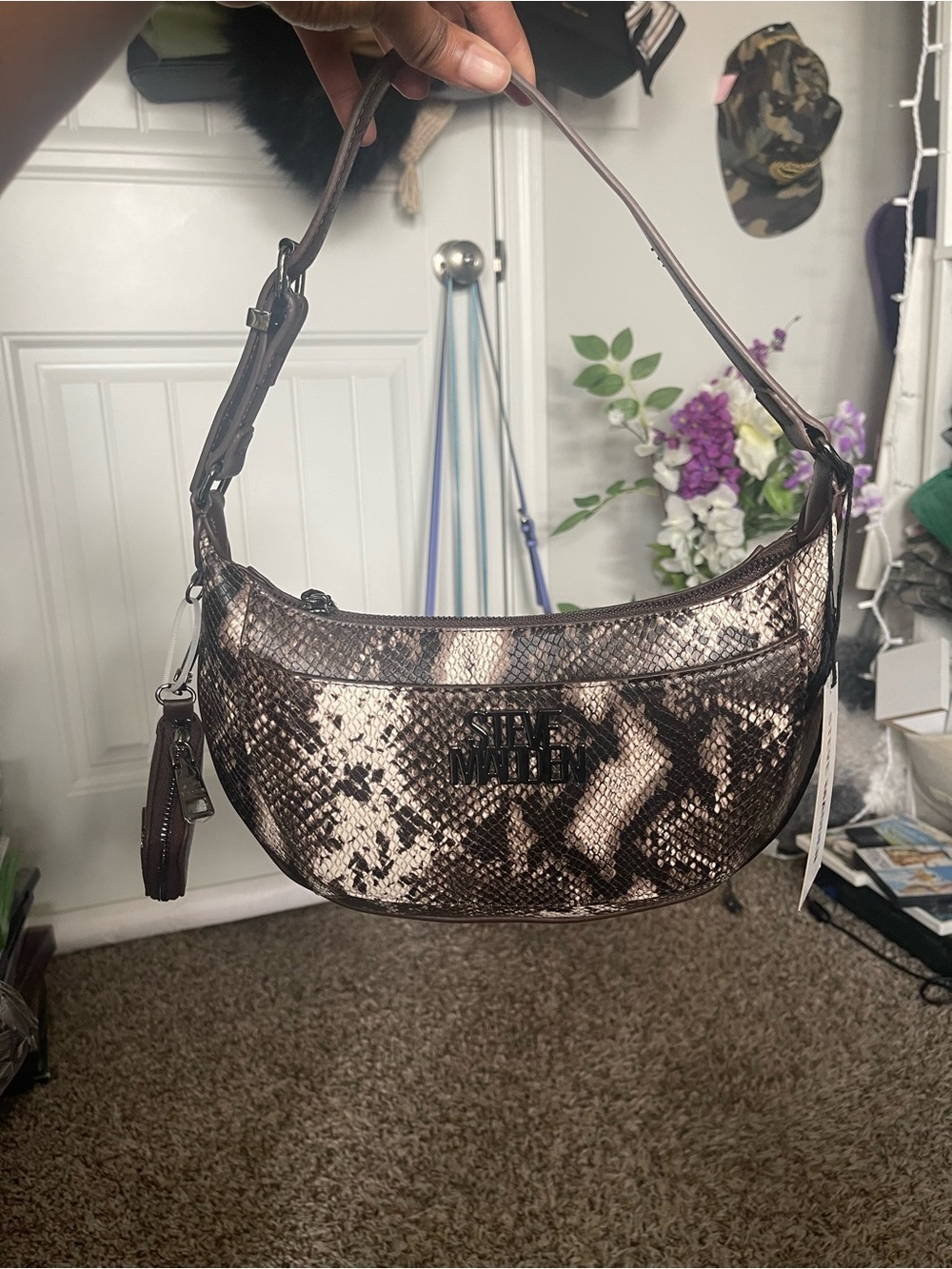 Steve Madden Brown Black & Cream Snake-Print Shoulder Bag